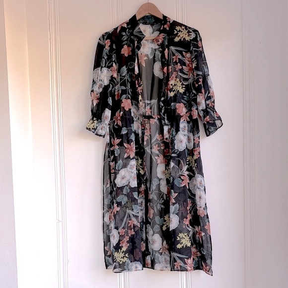 Zara Floral Long Sleeve Shirt Dress Sheer Kimono - Picture 1 of 11